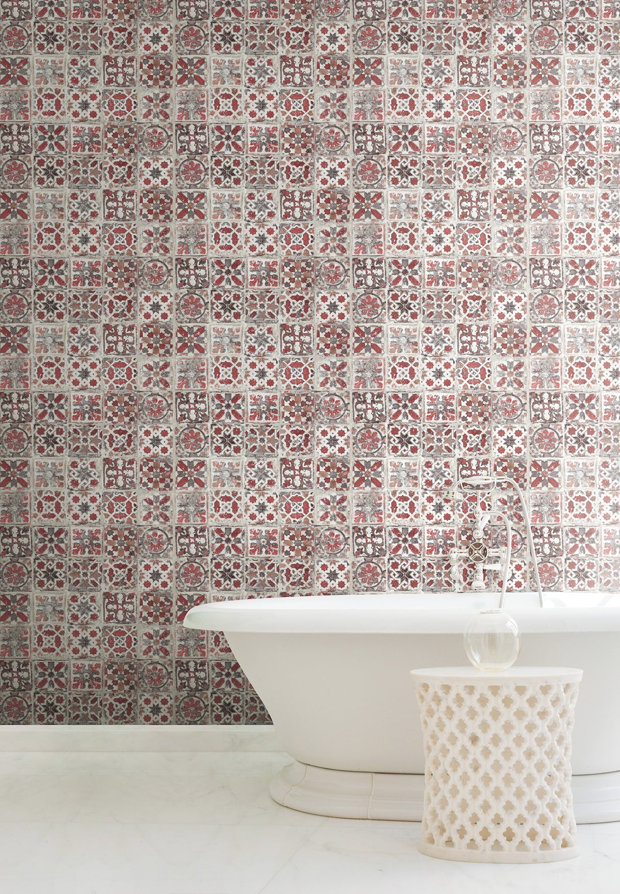 York PSW1300RL Encaustic Tile Red Peel & Stick Wallpaper