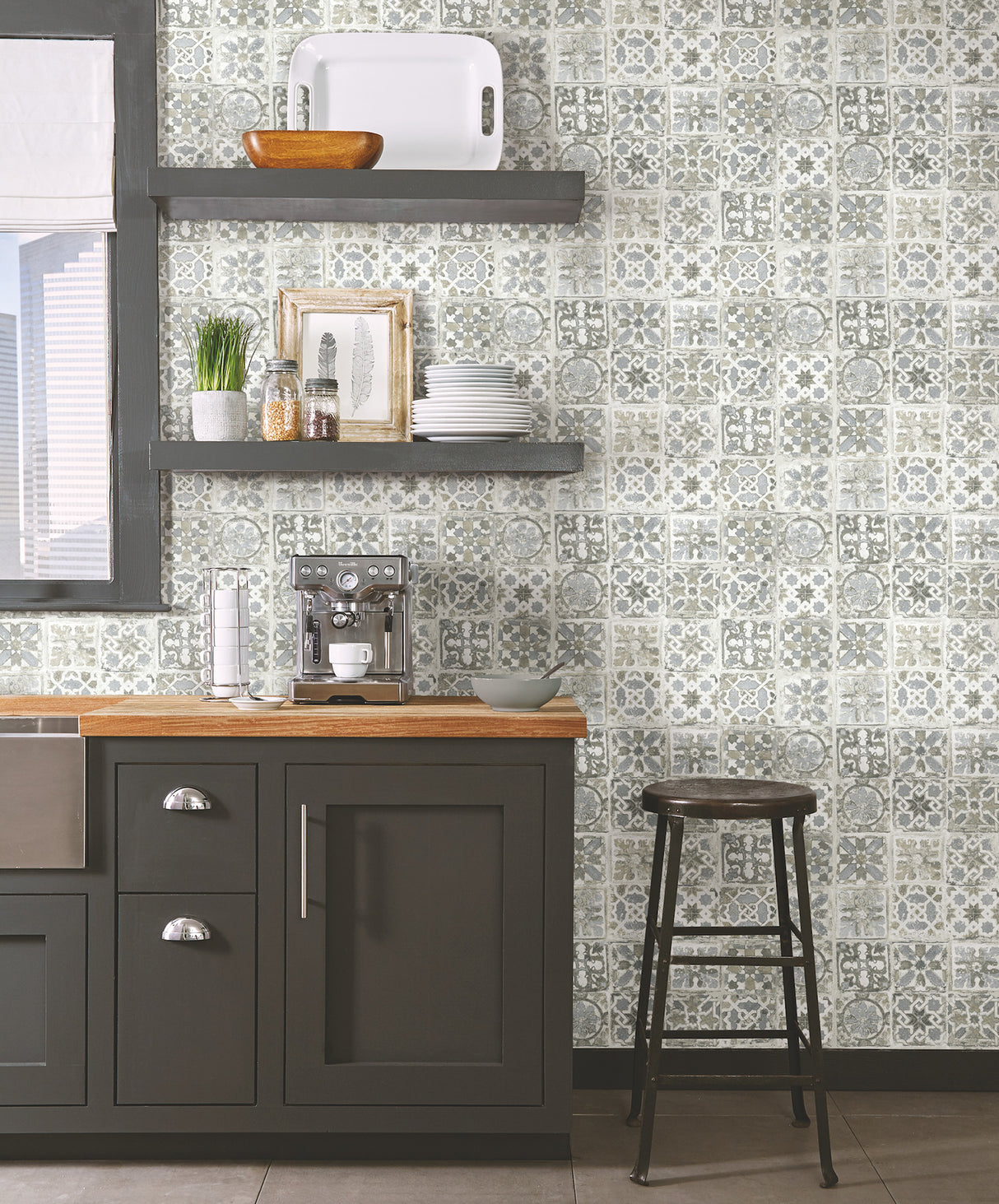 York PSW1301RL Ecaustic Tile Grey Peel & Stick Wallpaper