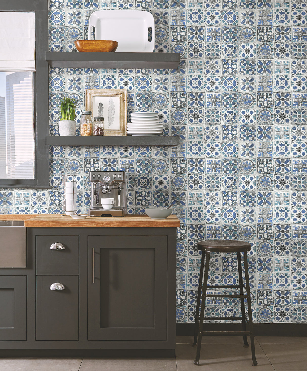 York PSW1302RL Encaustic Tile Blue Peel & Stick Wallpaper