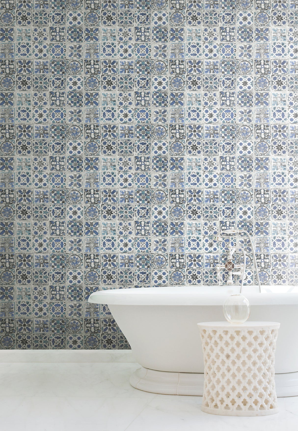 York PSW1302RL Encaustic Tile Blue Peel & Stick Wallpaper