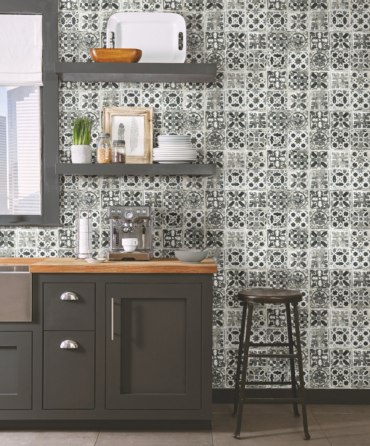 York PSW1303RL Encaustic Tile Black Peel & Stick Wallpaper