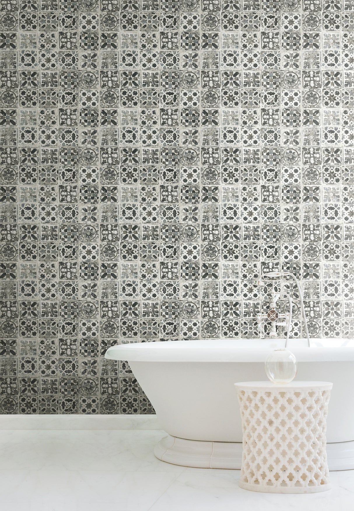 York PSW1303RL Encaustic Tile Black Peel & Stick Wallpaper