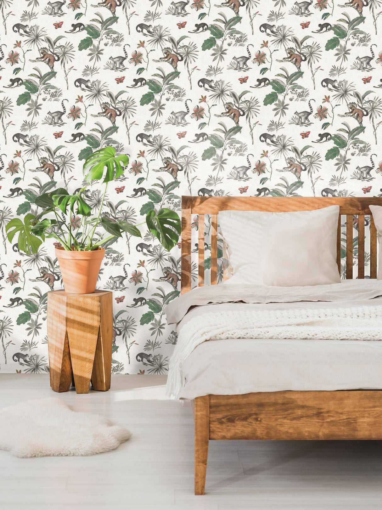 York PSW1353RL Botanicals & Lemurs White & Green Peel & Stick Wallpaper