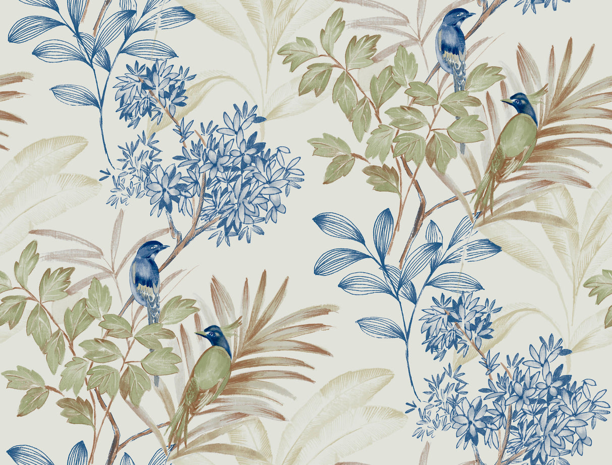 York PSW1518RL Handpainted Songbird Green & Blue Peel & Stick Wallpaper