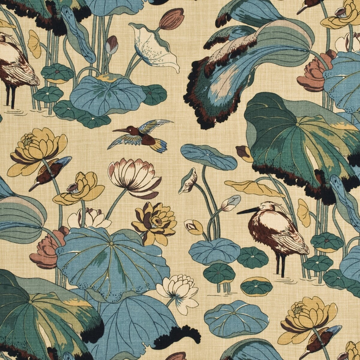 G P & J BAKER R1206.3.0 NYMPHEUS - LINEN AQUA/SAND Fabric - Eade's Wallpaper
