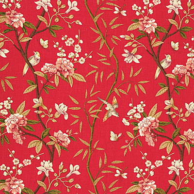 G P & J BAKER R1368.1.0 PEONY & BLOSSOM RED/MOSS Fabric - Eade's Wallpaper