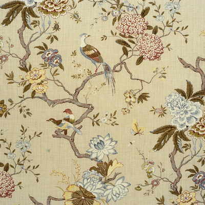 G P & J BAKER R1398.4.0 ORIENTAL BIRD OLIVE/STONE Fabric - Eade's Wallpaper