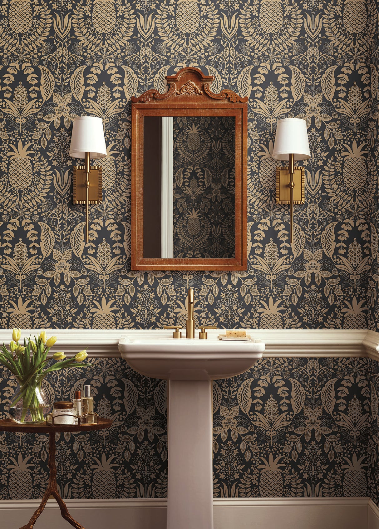 Rifle Paper Co. RF7483 Pineapple Damask Black Wallpaper