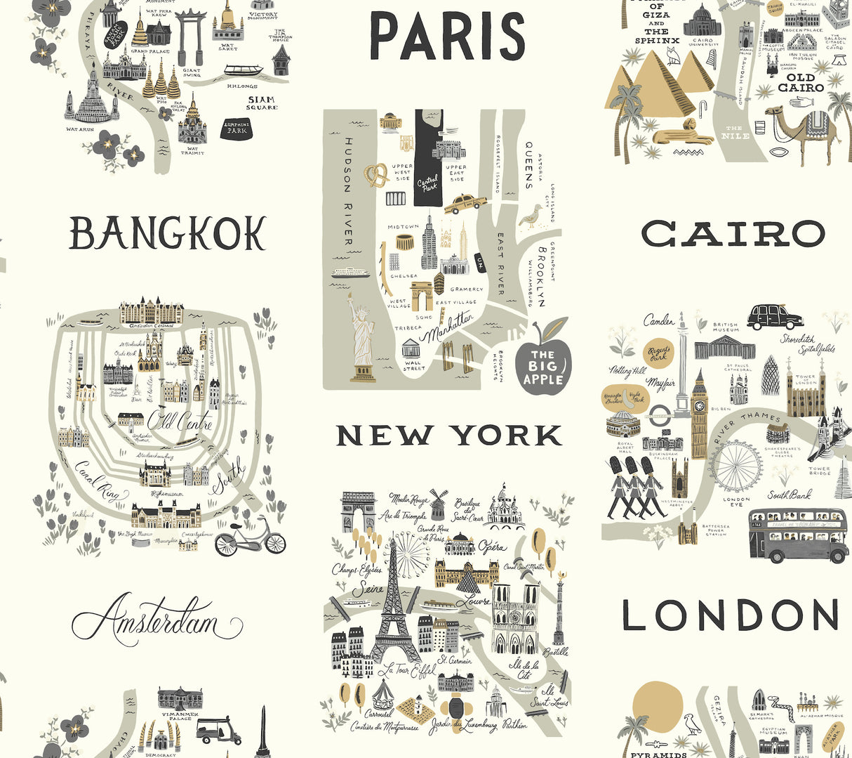 York RI5161 City Maps Grey & Gold Wallpaper