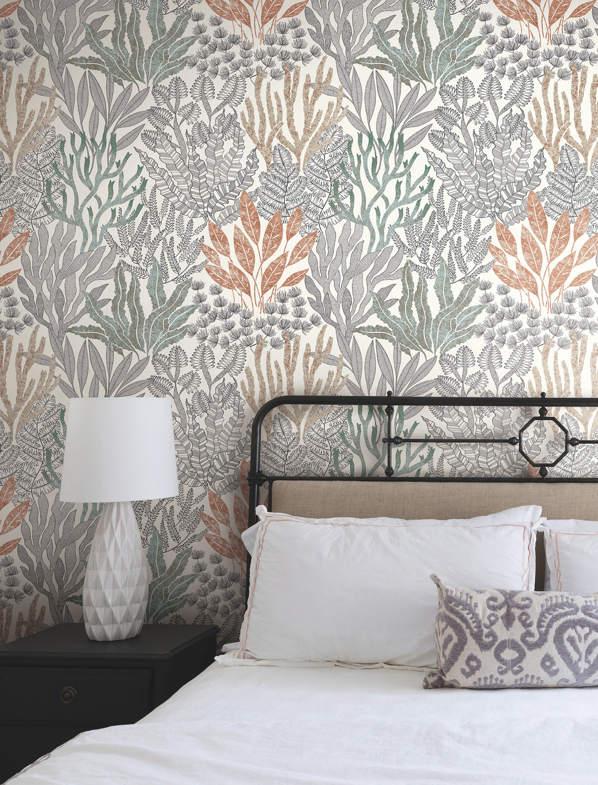York RT7801 Coral Leaves Coral Black Wallpaper