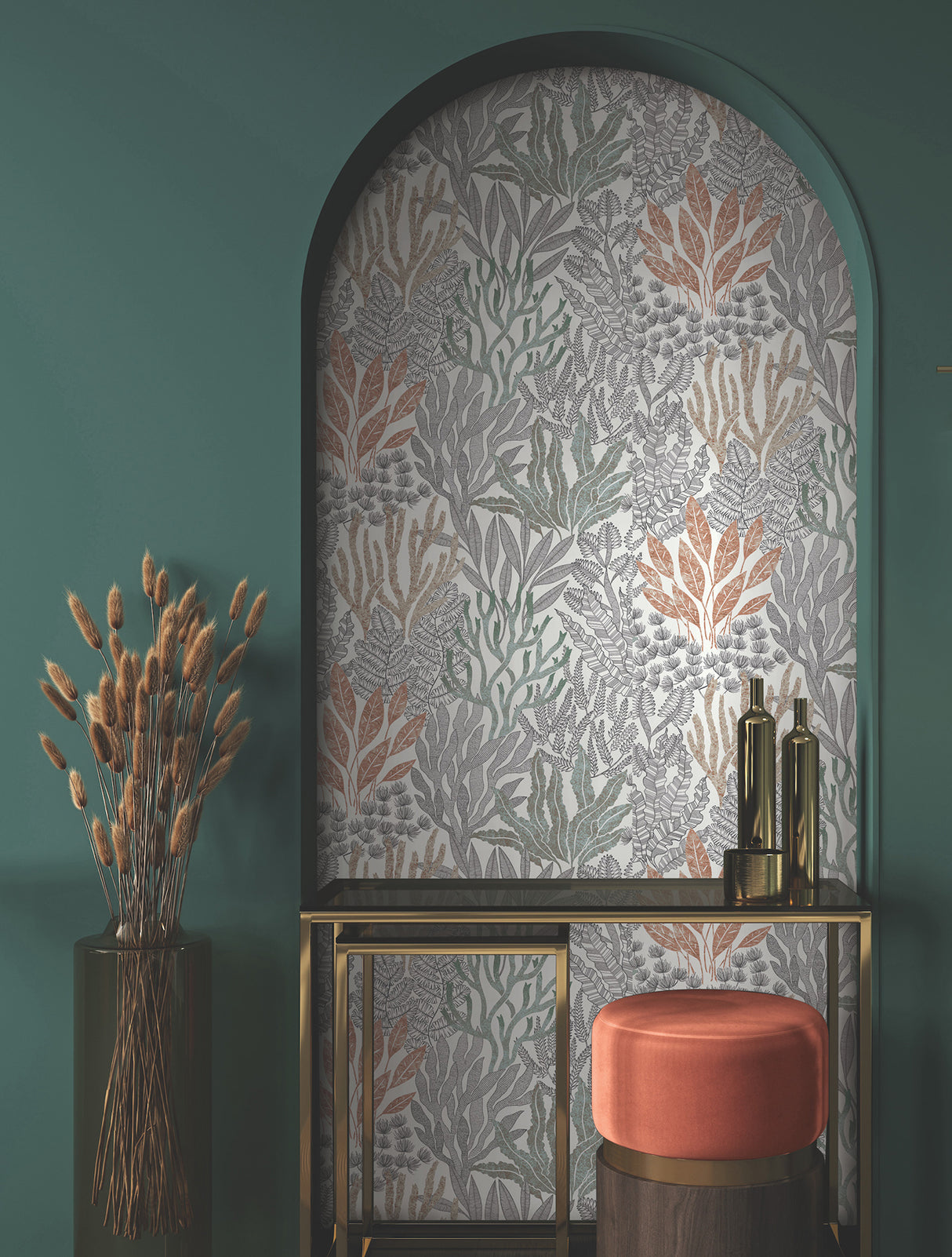 York RT7801 Coral Leaves Coral Black Wallpaper