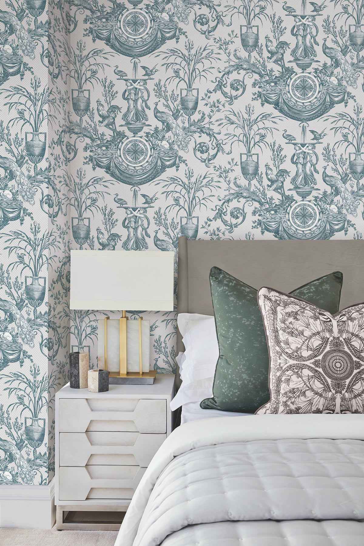 York RT7811 Avian Fountain Toile Jade Wallpaper