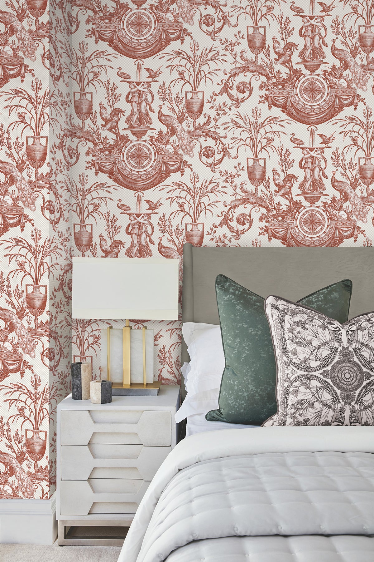 York RT7814 Avian Fountain Toile Brick Wallpaper