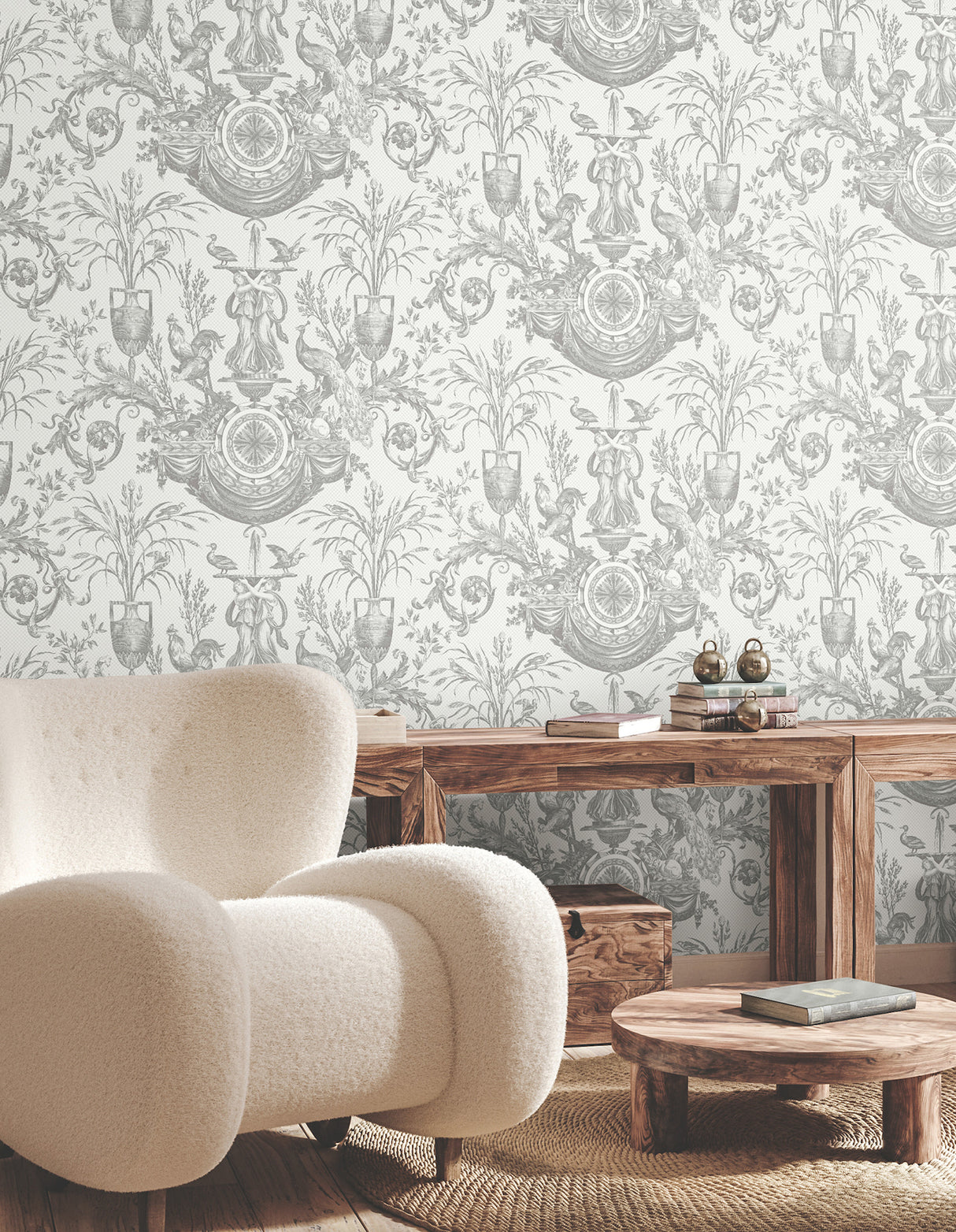 York RT7815 Avian Fountain Toile Grey Wallpaper