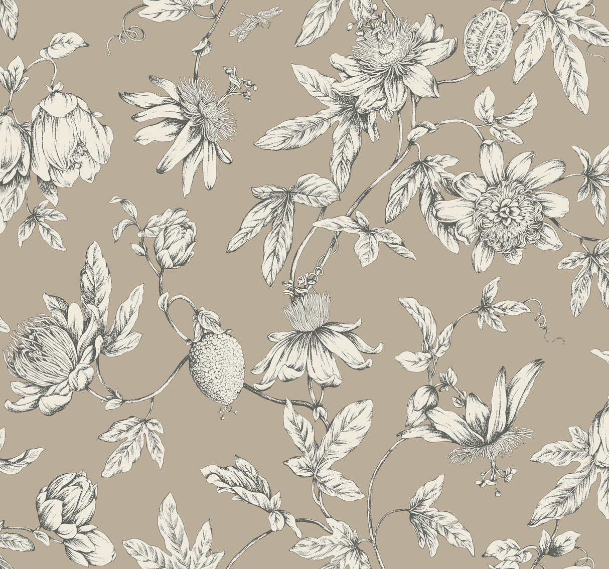 York RT7852 Passion Flower Toile Linen Wallpaper