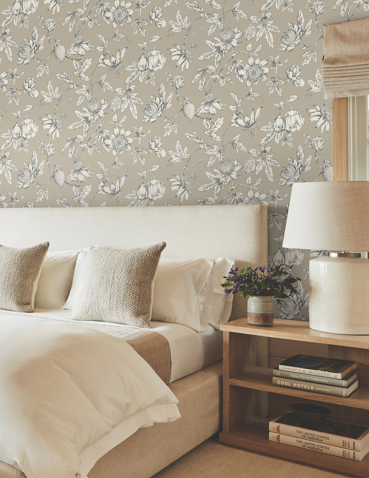York RT7852 Passion Flower Toile Linen Wallpaper