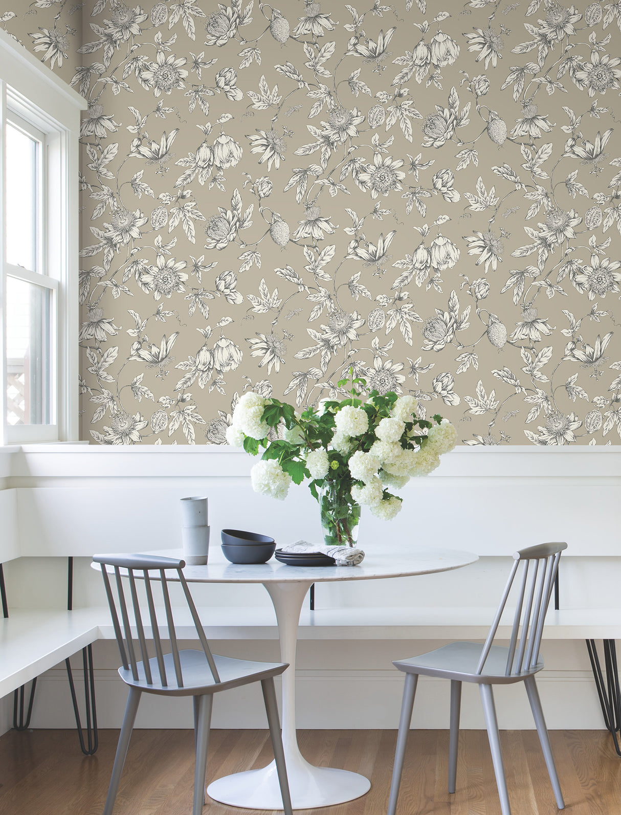 York RT7852 Passion Flower Toile Linen Wallpaper