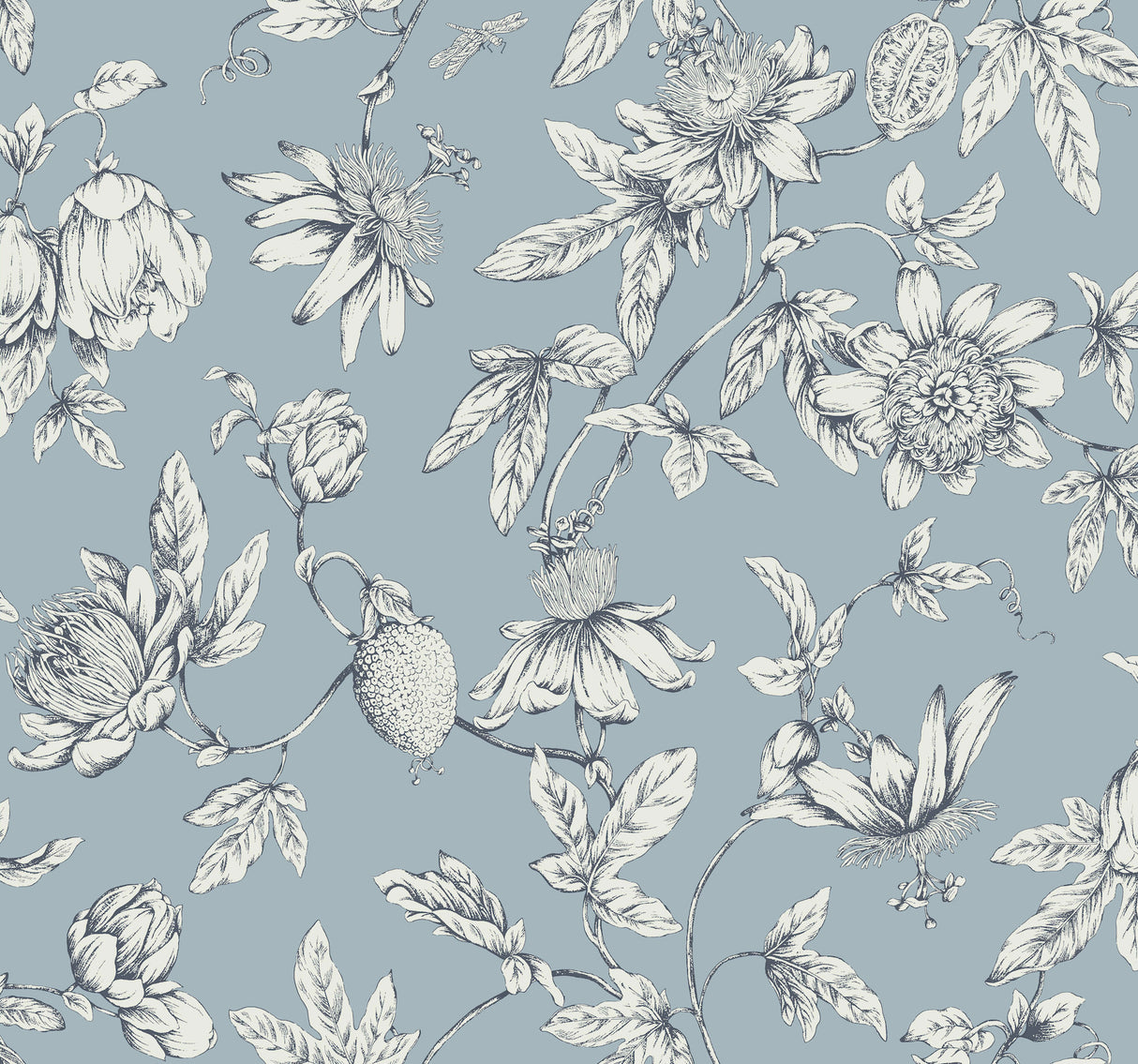 York RT7853 Passion Flower Toile Sky Blue Wallpaper