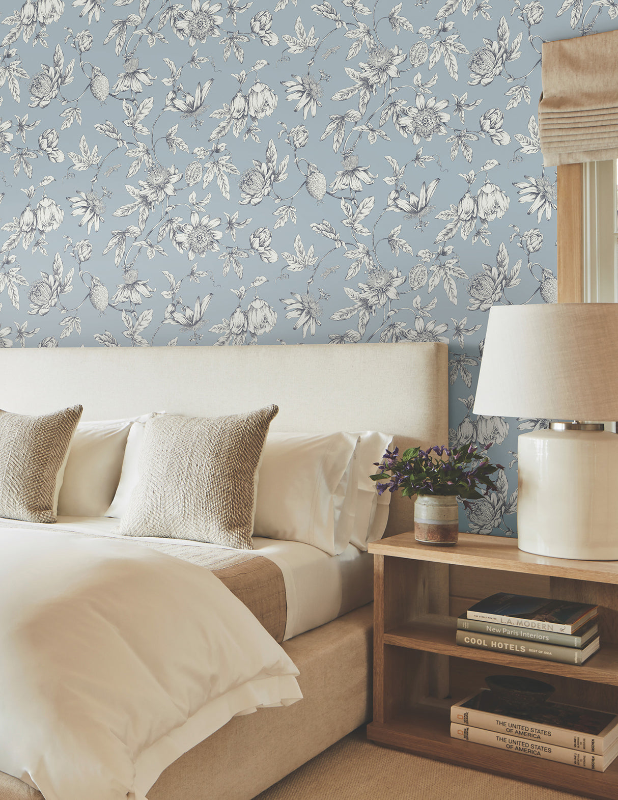 York RT7853 Passion Flower Toile Sky Blue Wallpaper