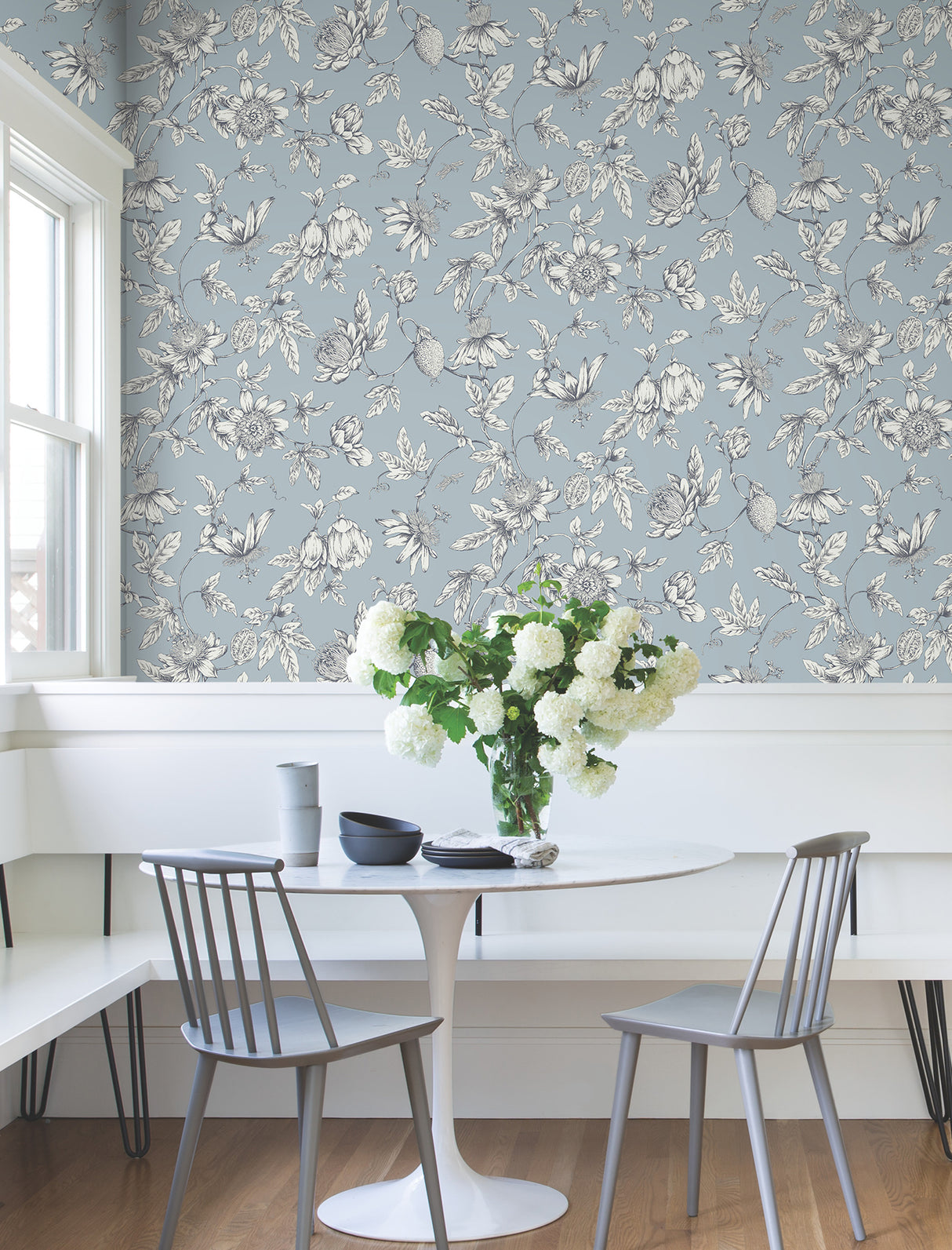 York RT7853 Passion Flower Toile Sky Blue Wallpaper