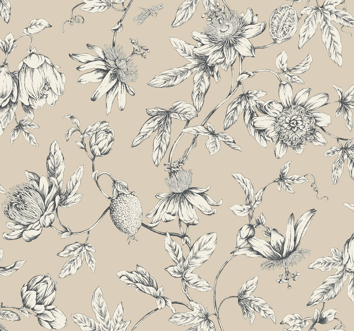 York RT7854 Passion Flower Toile Beige Wallpaper