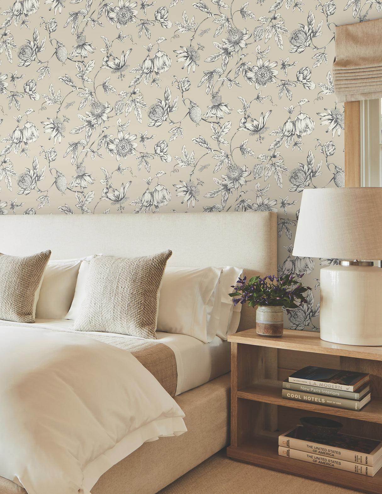 York RT7854 Passion Flower Toile Beige Wallpaper
