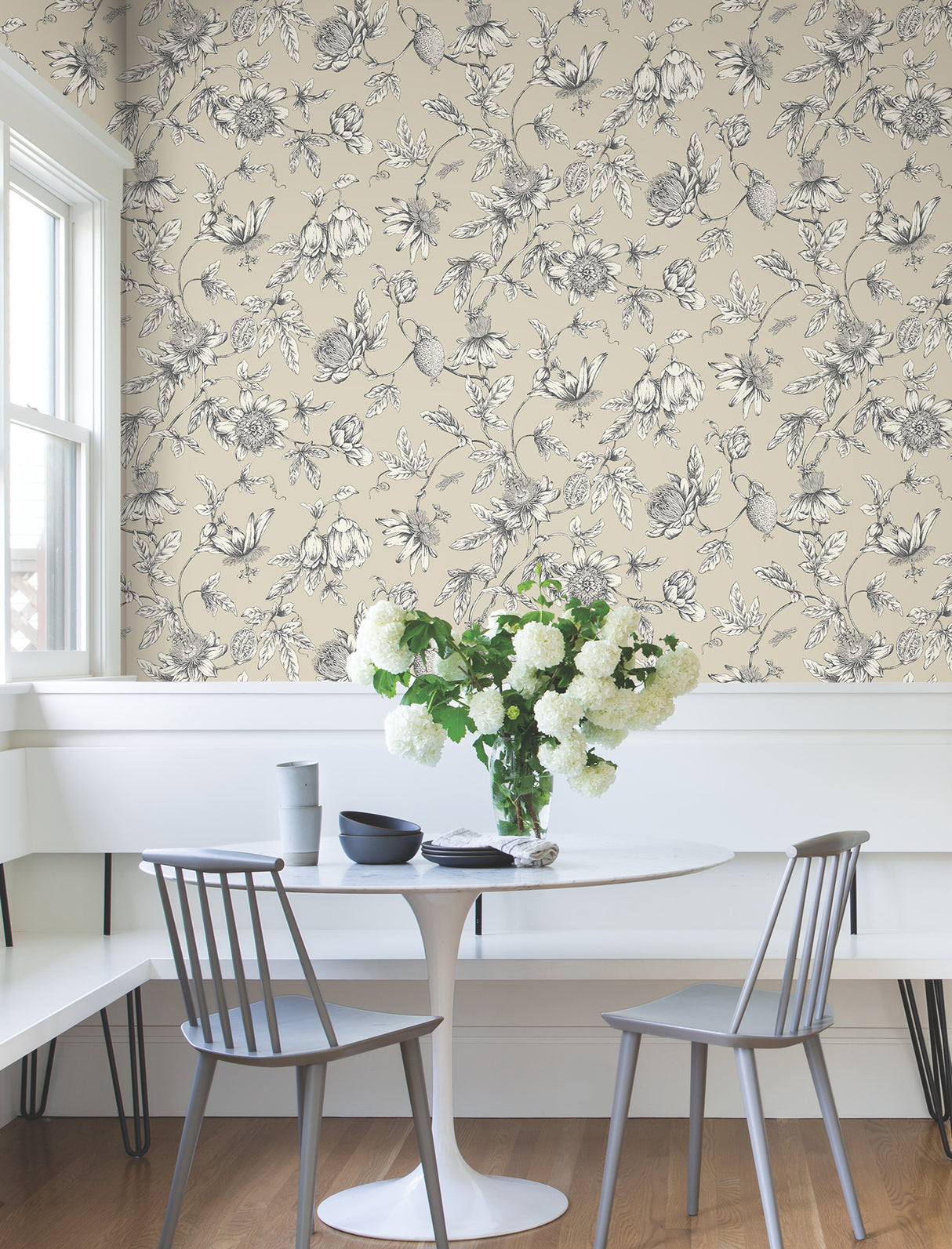 York RT7854 Passion Flower Toile Beige Wallpaper