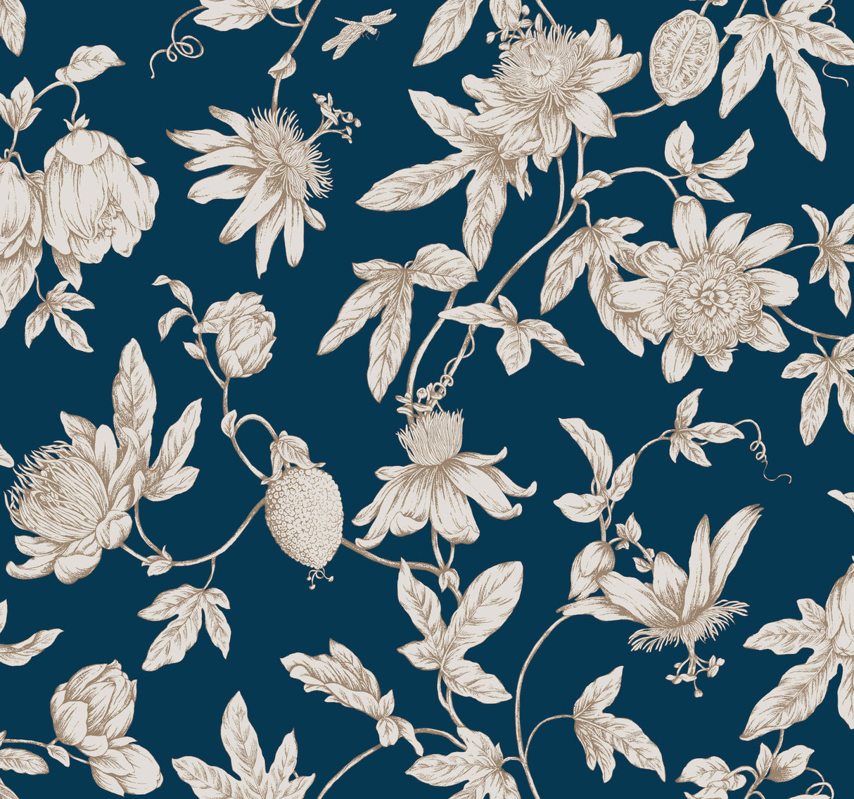 York RT7856 Passion Flower Toile Navy Wallpaper