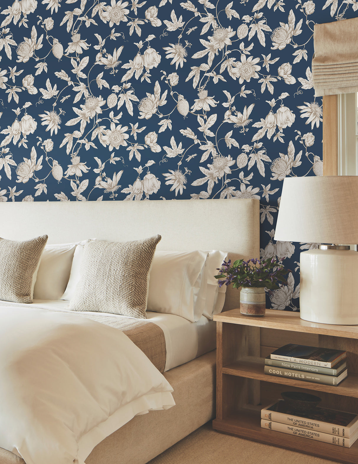 York RT7856 Passion Flower Toile Navy Wallpaper
