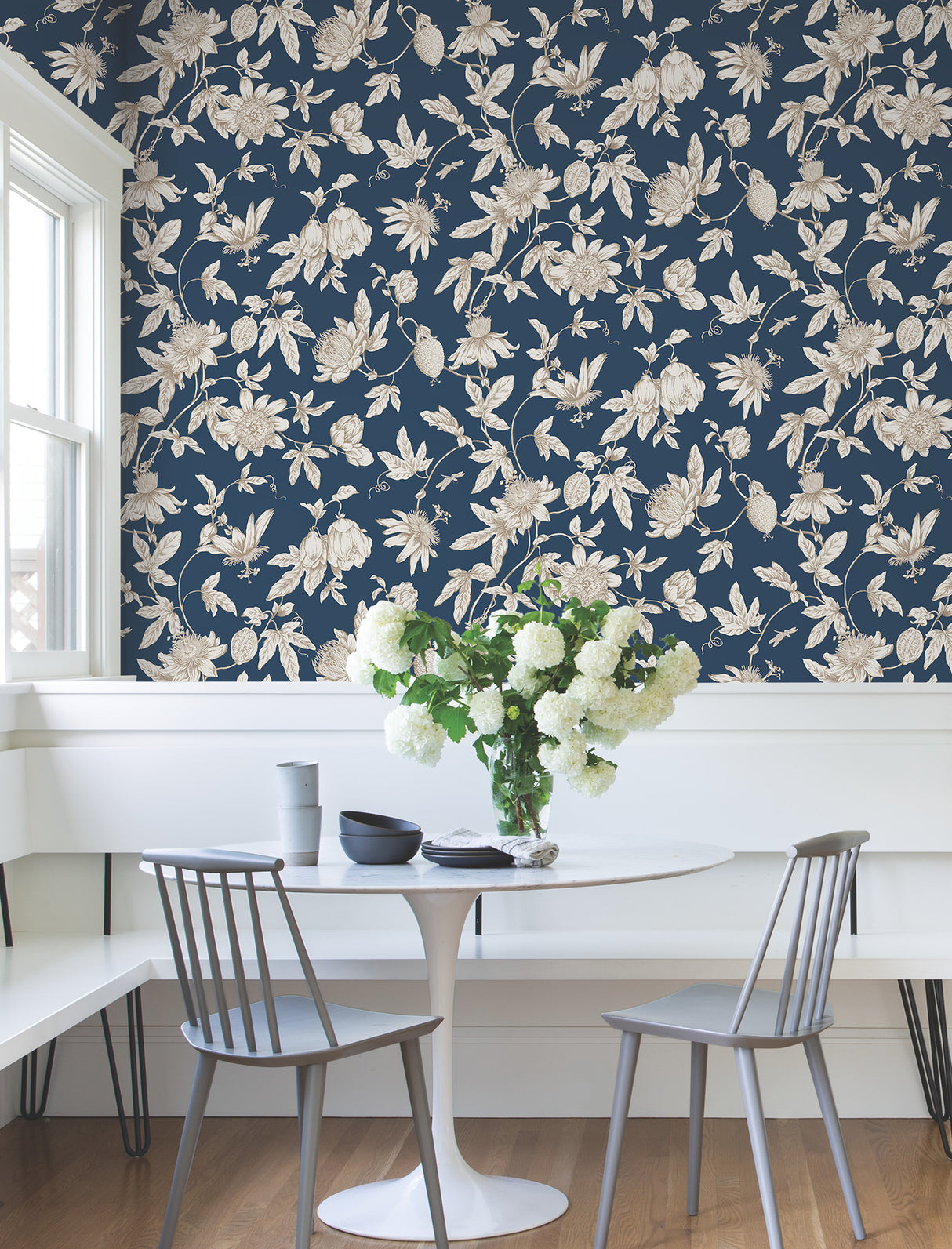 York RT7856 Passion Flower Toile Navy Wallpaper