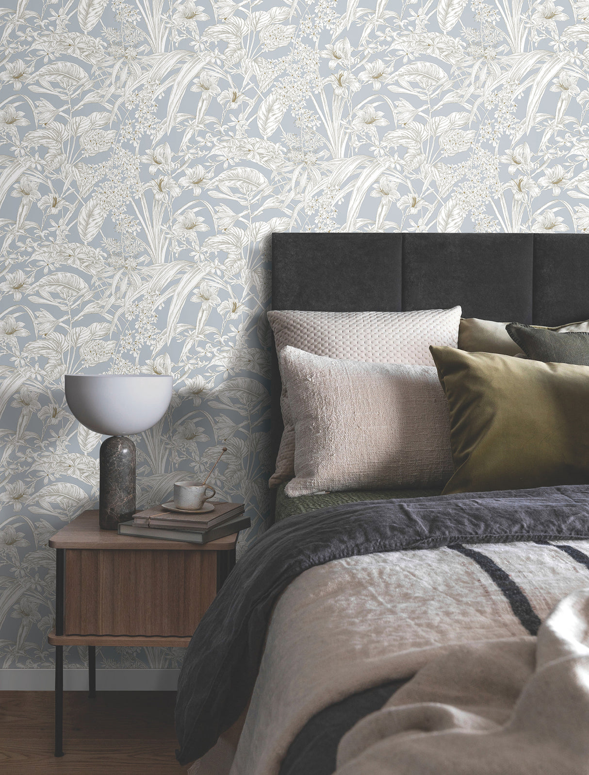 York RT7884 Orchid Conservatory Toile Blue & Taupe Wallpaper