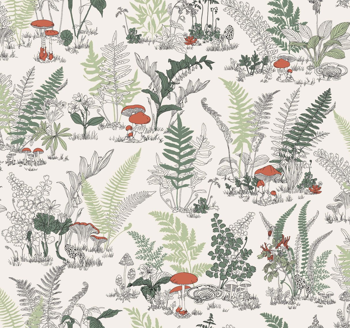 York RT7891 Mushroom Garden Toile Red & Green Wallpaper