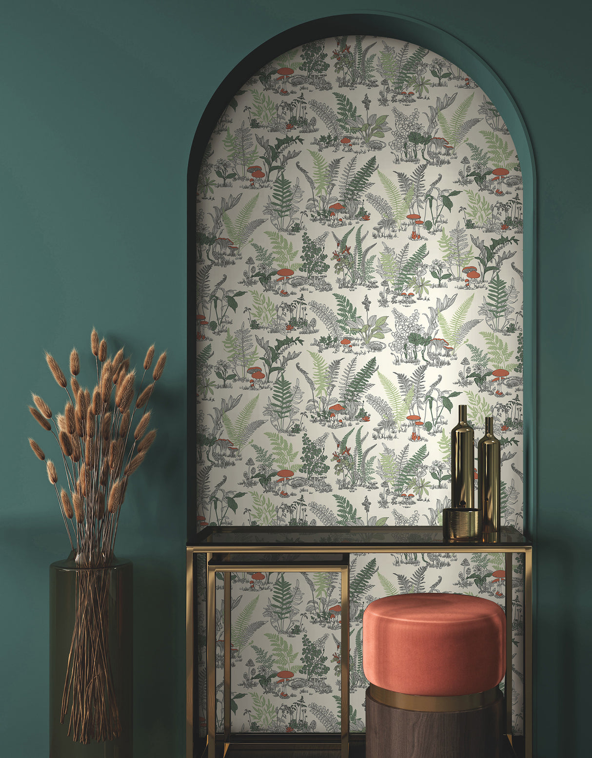 York RT7891 Mushroom Garden Toile Red & Green Wallpaper