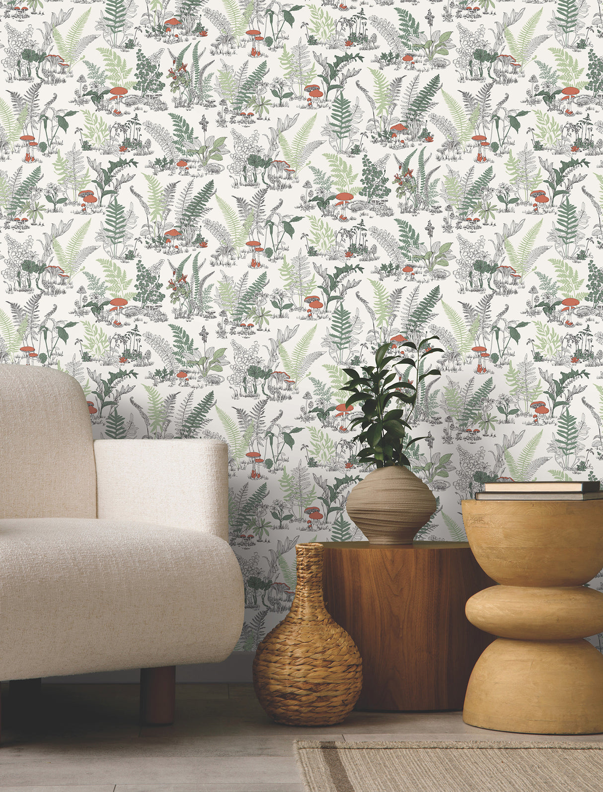 York RT7891 Mushroom Garden Toile Red & Green Wallpaper