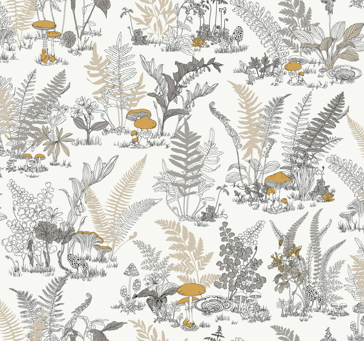 York RT7892 Mushroom Garden Toile Neutral & Gold Wallpaper