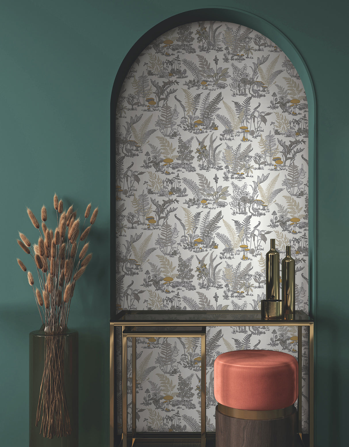 York RT7892 Mushroom Garden Toile Neutral & Gold Wallpaper