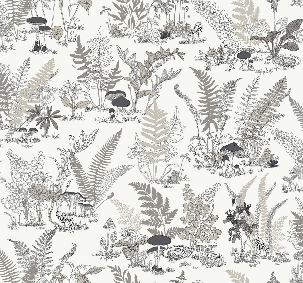 York RT7893 Mushroom Garden Toile Black & Grey Wallpaper