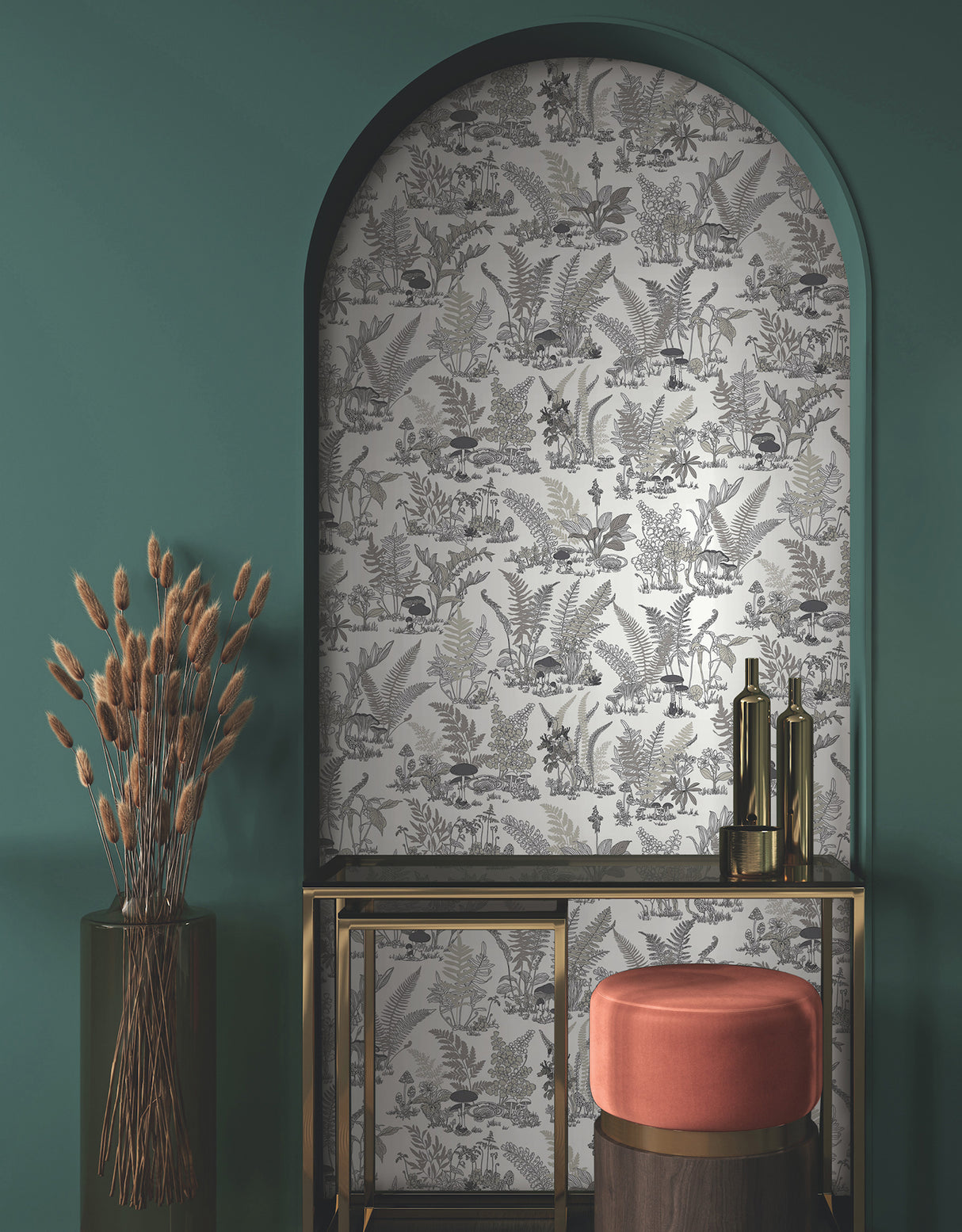 York RT7893 Mushroom Garden Toile Black & Grey Wallpaper