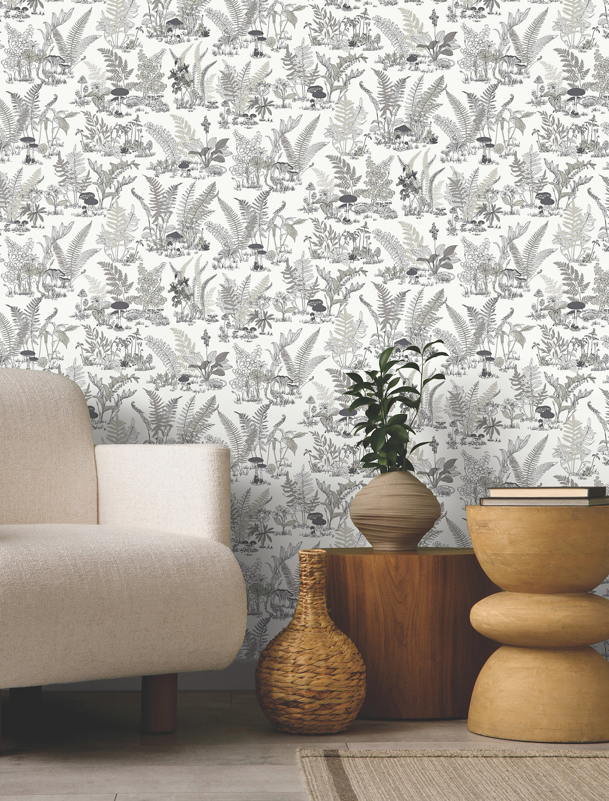 York RT7893 Mushroom Garden Toile Black & Grey Wallpaper