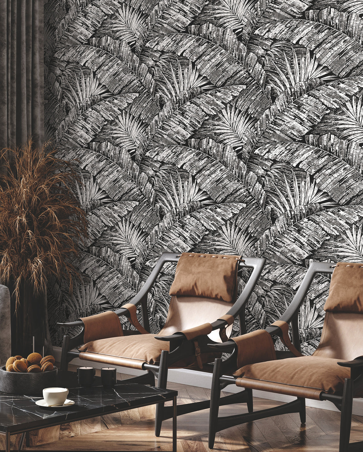 York RT7921 Palm Cove Toile White & Black Wallpaper