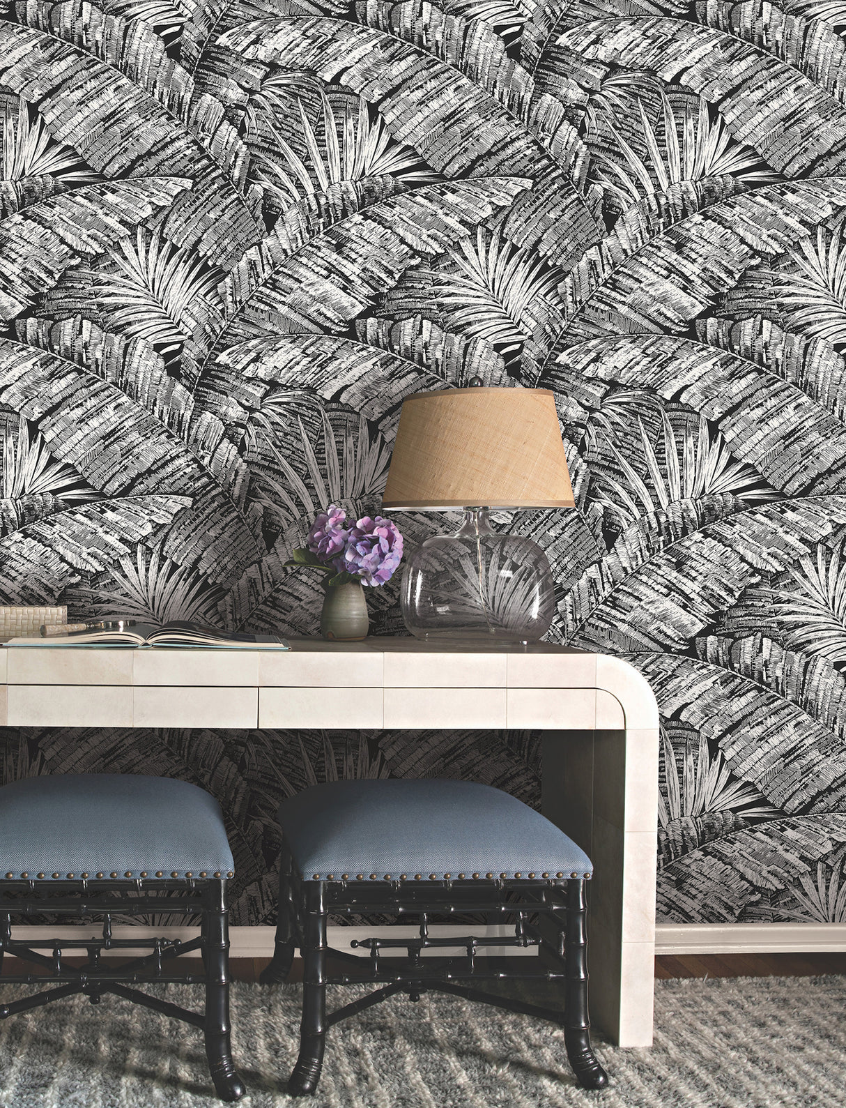 York RT7921 Palm Cove Toile White & Black Wallpaper
