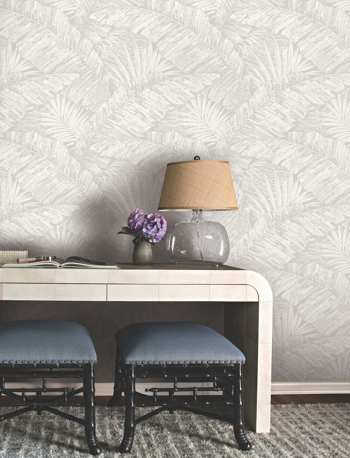 York RT7922 Palm Cove Toile White & Grey Wallpaper