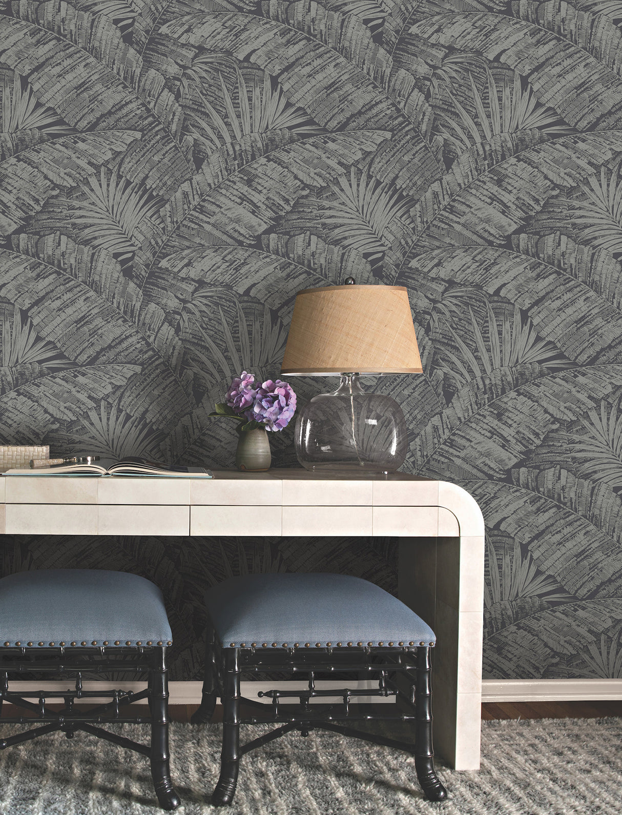 York RT7923 Palm Cove Toile Silver & Black Wallpaper