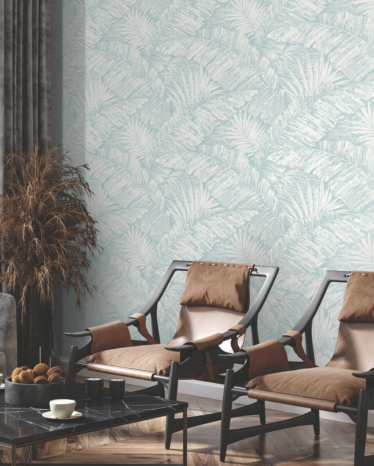 York RT7925 Palm Cove Toile White & Blue Wallpaper