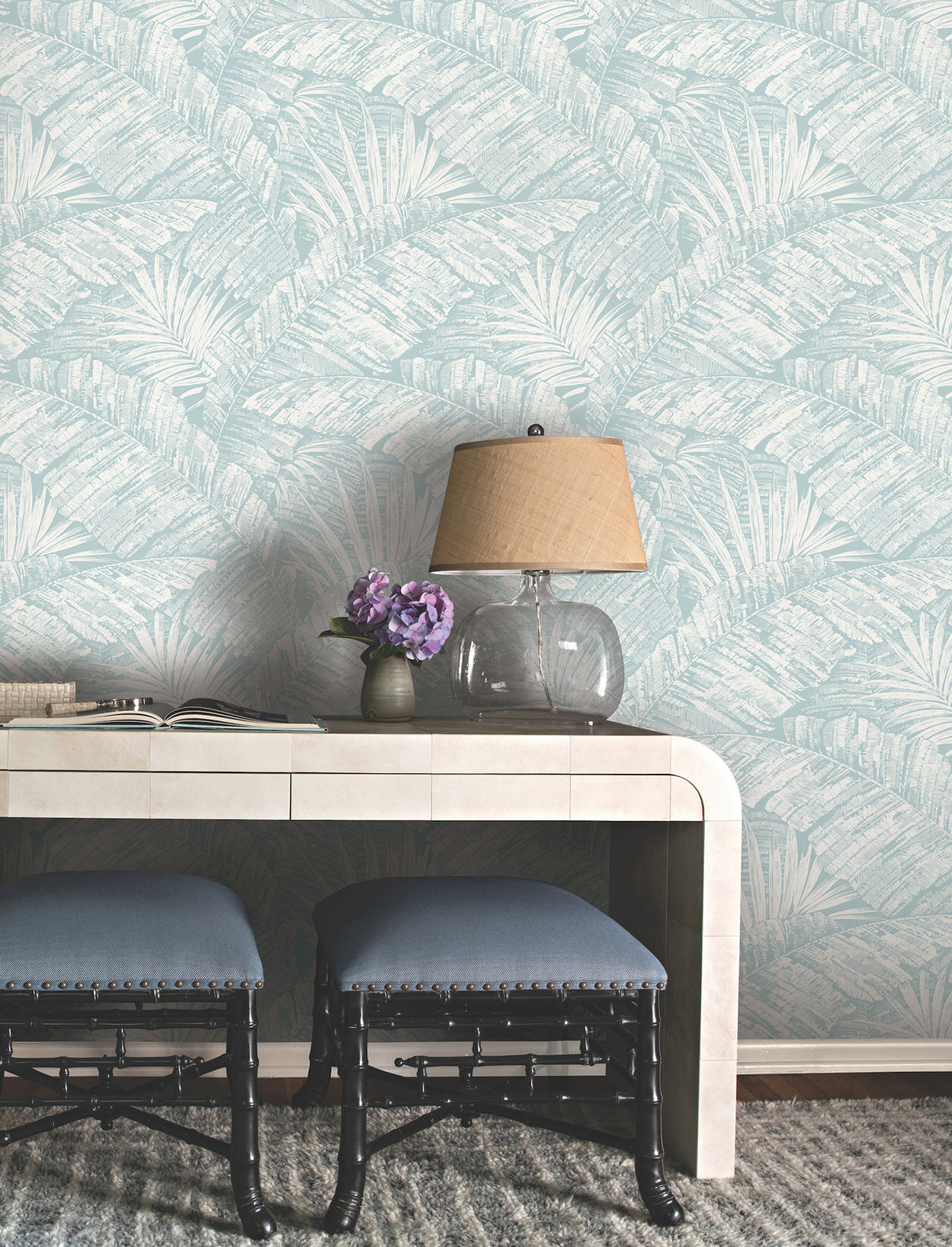 York RT7925 Palm Cove Toile White & Blue Wallpaper