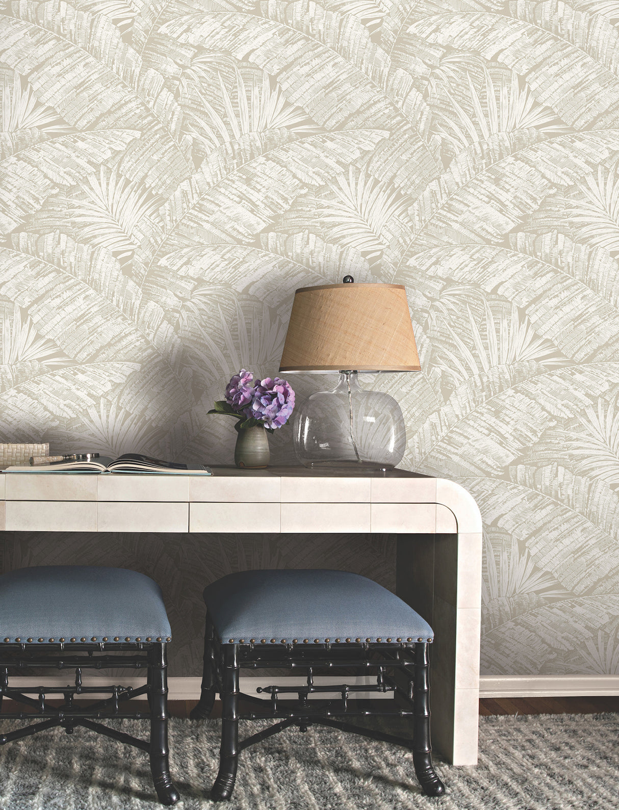 York RT7926 Palm Cove Toile White & Taupe Wallpaper