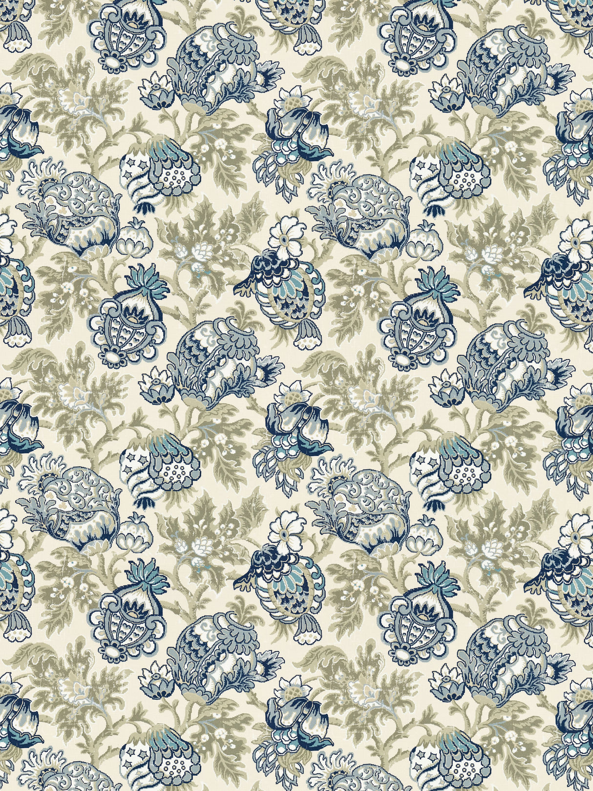 Scalamandre SC 000116593 OYSTER & INDIGO CANTERBURY LINEN PRINT Fabric - Eade's Wallpaper