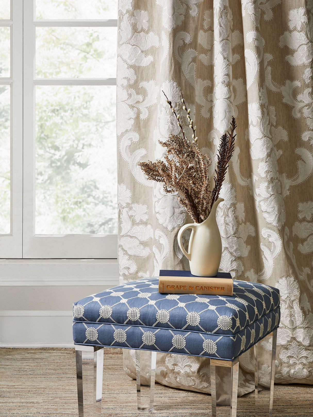 Scalamandre SC 000227160 FLAX CORNELIA DAMASK EMBROIDERY Fabric - Eade's Wallpaper