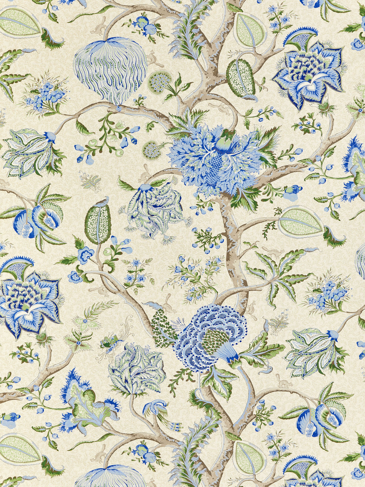 Scalamandre SC 000316430 BLUE, GREEN ON CREAM PONDICHERRY COTTON PRINT Fabric - Eade's Wallpaper