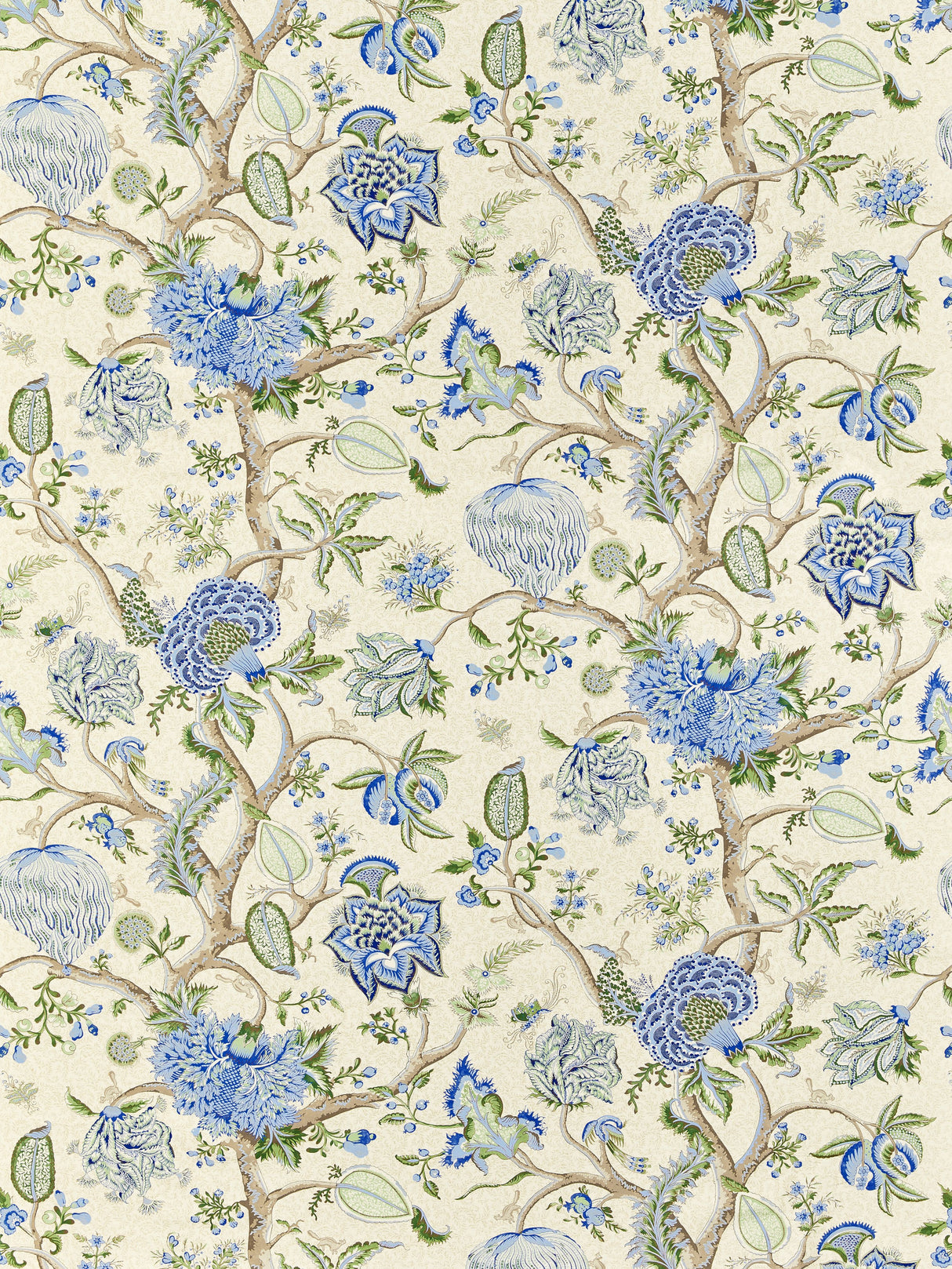 Scalamandre SC 000316430 BLUE, GREEN ON CREAM PONDICHERRY COTTON PRINT Fabric - Eade's Wallpaper